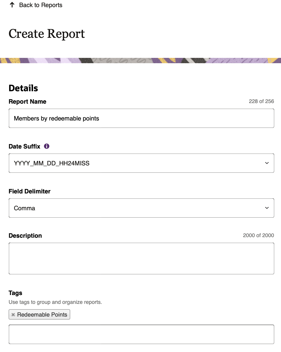 This image displays the Create Report section in Reports, showing the new tagging feature in the Details section. This image displays the Create Report section in Reports, showing the new tagging feature in the Details section.