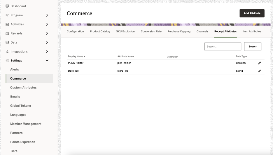 This image displays the Receipt Attributes tab in the Commerce menu. This image displays the Receipt Attributes tab in the Commerce menu.