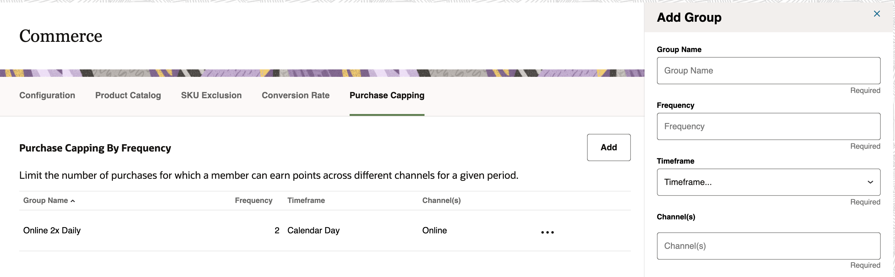 This image shows the Purchase Capping by Frequency section in Commerce. This image shows the Purchase Capping by Frequency section in Commerce.