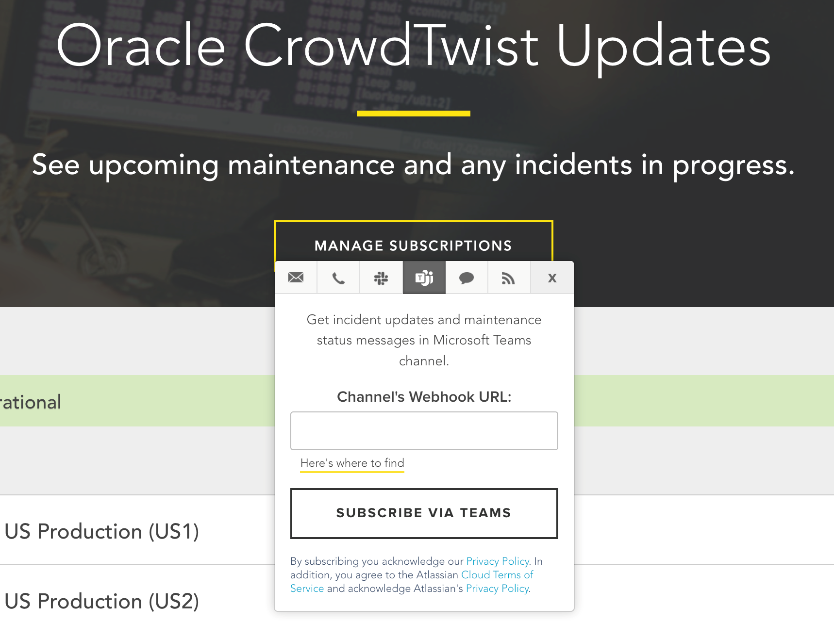 This image displays the Oracle CrowdTwist Updates subscription window for Microsoft Teams. This image displays the Oracle CrowdTwist Updates subscription window for Microsoft Teams.