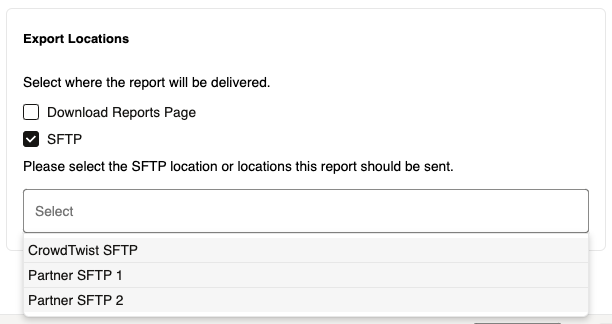 This image displays the Export Locations screen with the SFTP checkbox marked and the available location options listed. This image displays the Export Locations screen with the SFTP checkbox marked and the available location options listed.