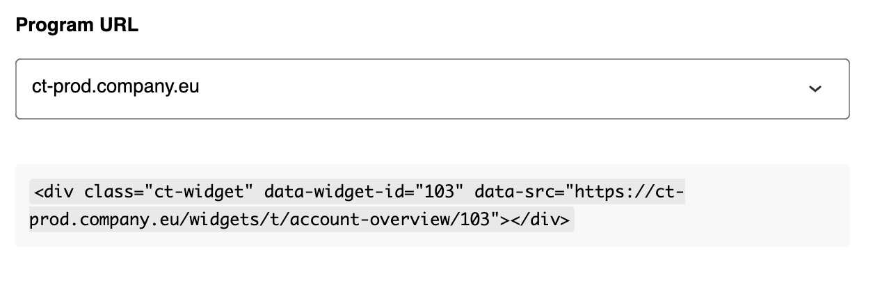 This image displays the Program URL drop down field and corresponding widget details for that url. This image displays the Program URL drop down field and corresponding widget details for that url.