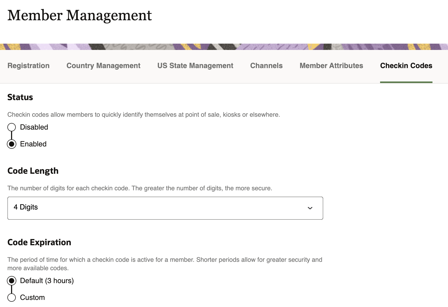 This image displays the Checkin Codes feature page within the Control Center, showing the various subsections available for configuration such as Status, Code Length, and Code Expiration. This image displays the Checkin Codes feature page within the Control Center, showing the various subsections available for configuration such as Status, Code Length, and Code Expiration.