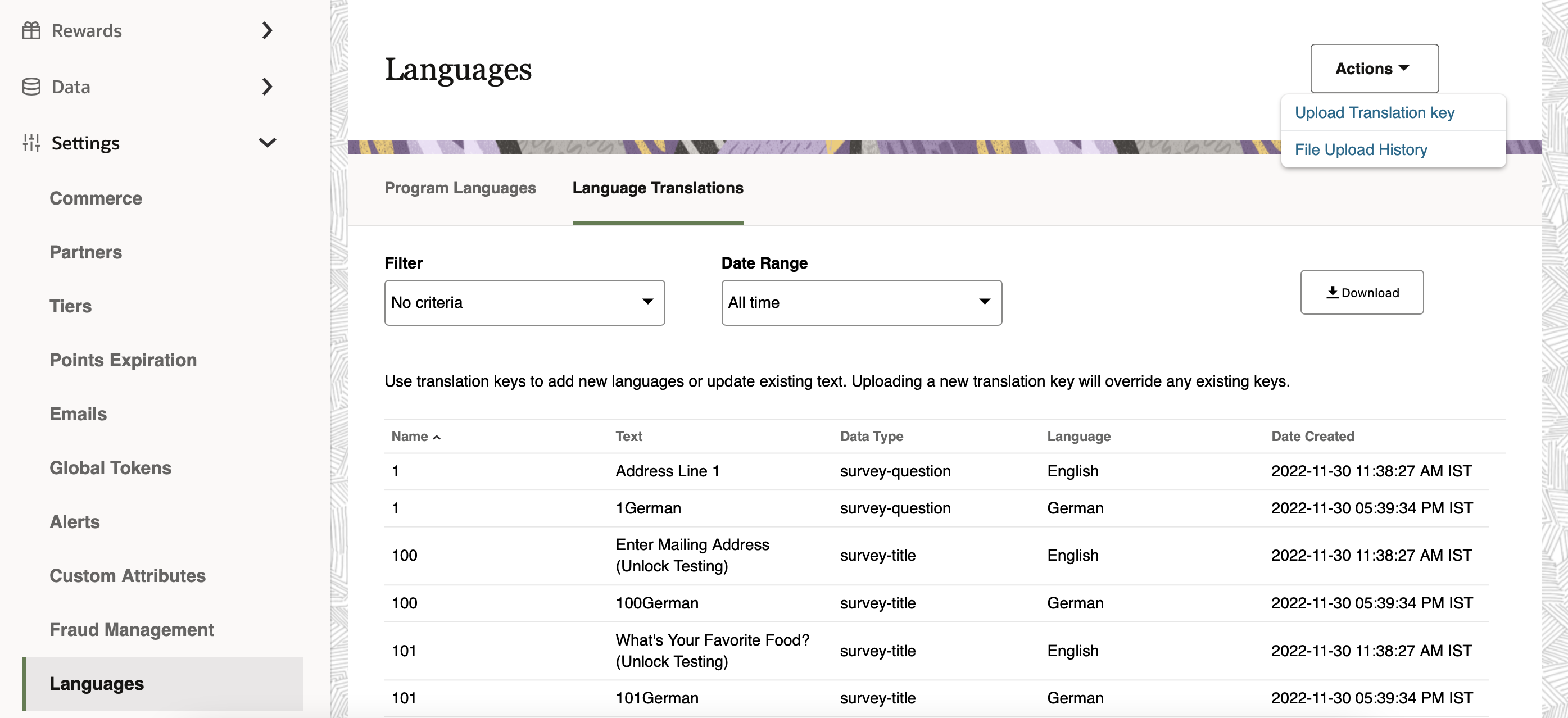 This image shows the Language Translations page. This image shows the Language Translations page.