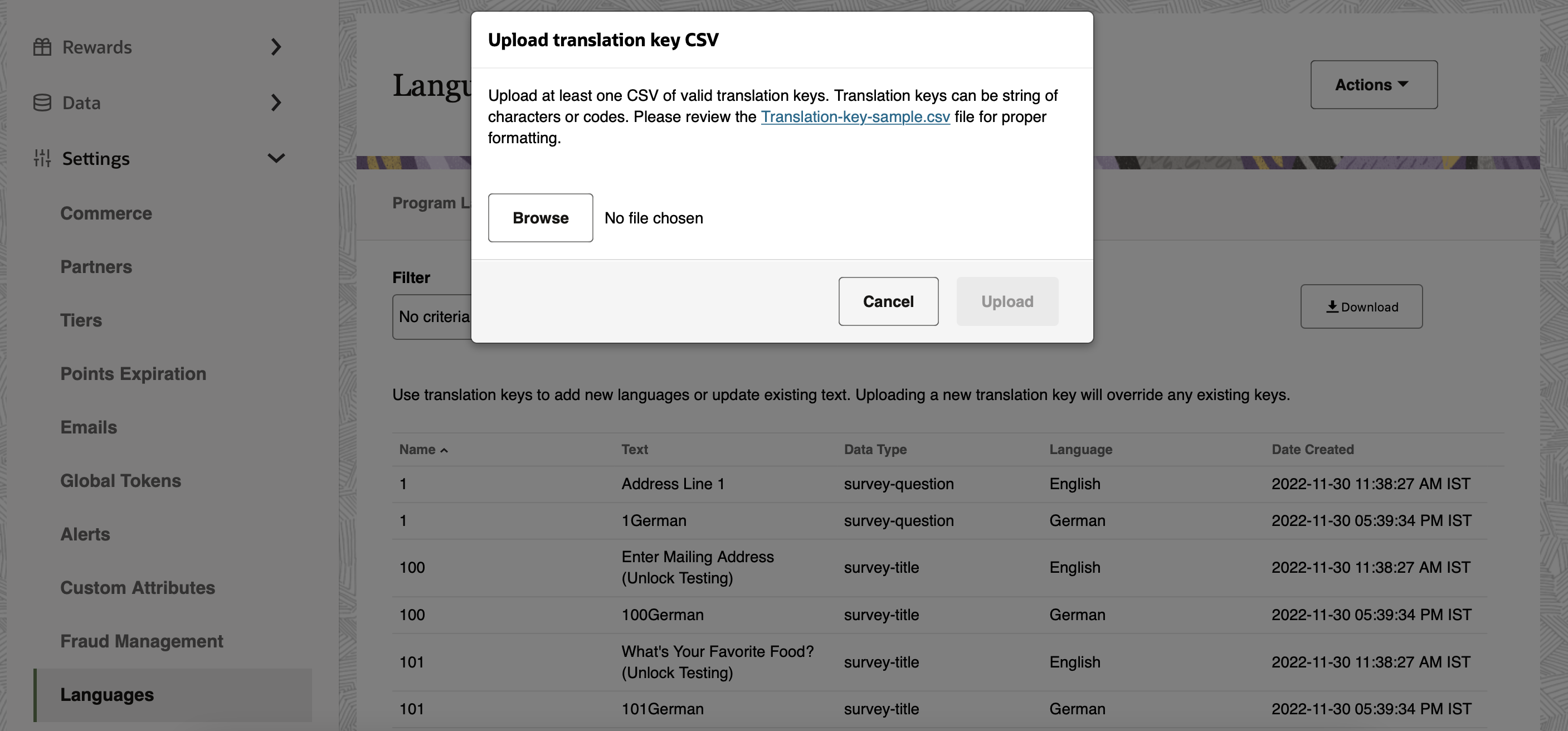 This image shows the Upload translation key CSV window. This image shows the Upload translation key CSV window.