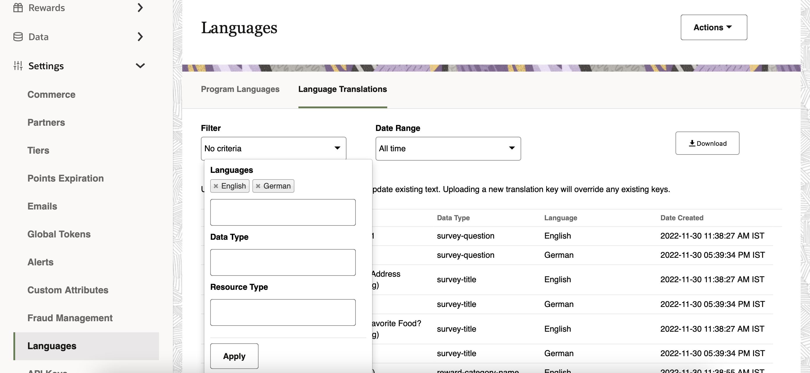 This image shows the Filter fields for Languages, Data Type, and Resource Type. This image shows the Filter fields for Languages, Data Type, and Resource Type.