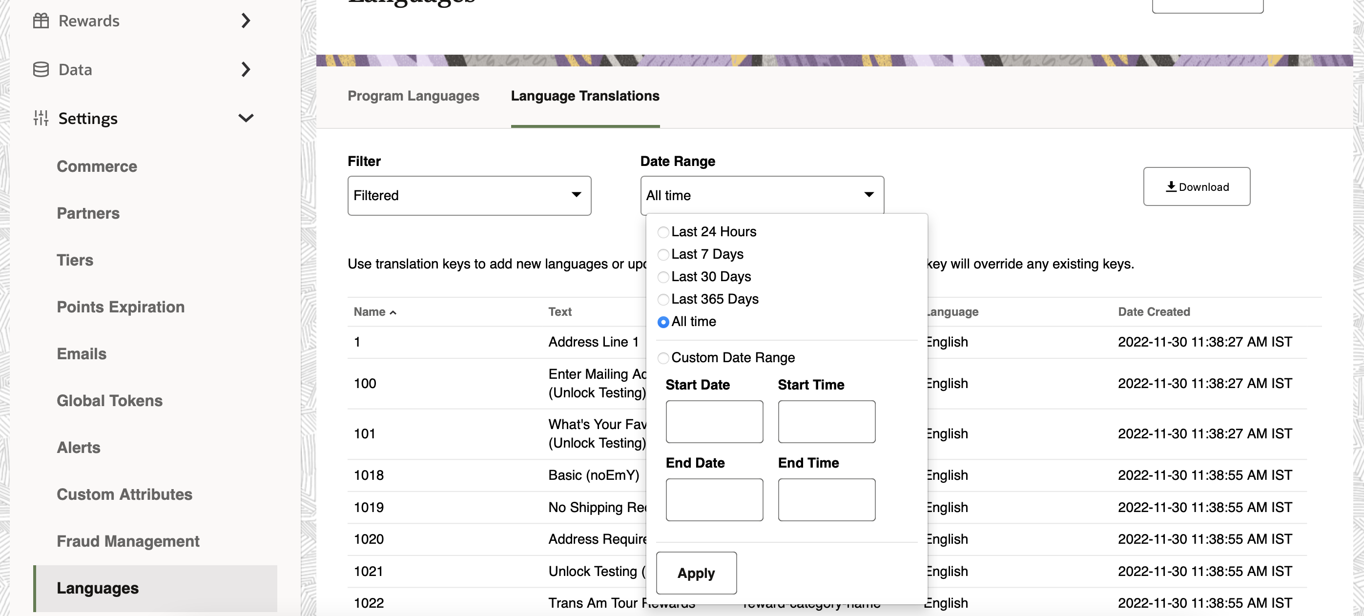 This image shows the Filter field for Date Range. This image shows the Filter field for Date Range.
