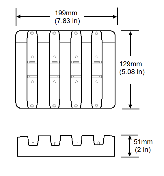 This figure shows the dimensions of the Oracle MICROS 720 4-Bay Tablet Charger.