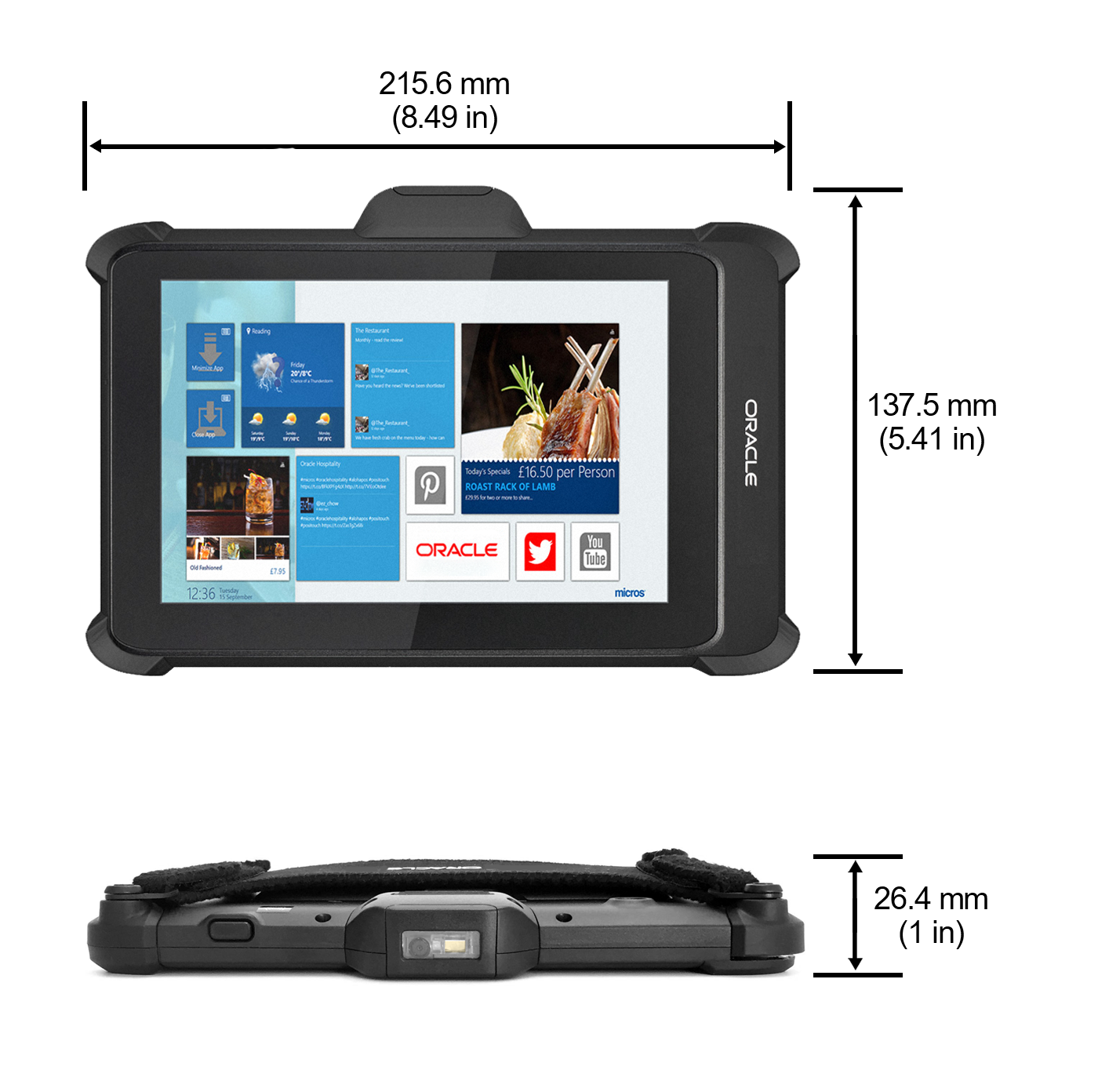 This figure shows the dimensions of the Oracle MICROS Tablet 721P/722P.