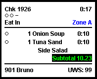 This figure shows a sample image of the DOM with order type, zone, and cook time chit layout. This figure shows a sample image of the DOM with order type, zone, and cook time chit layout.