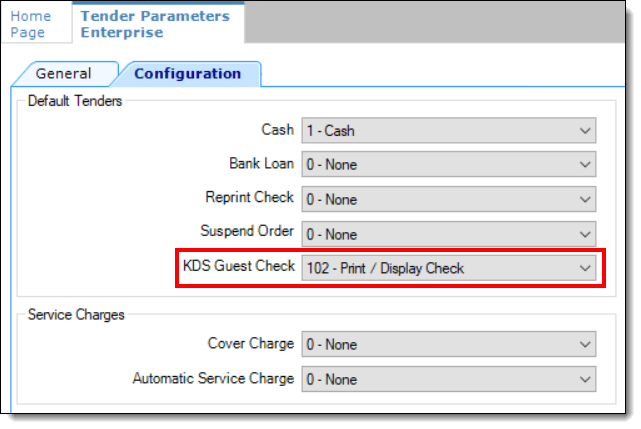 This figure shows the Tender Parameters module’s KDS Guest Check field. This figure shows the Tender Parameters module’s KDS Guest Check field.