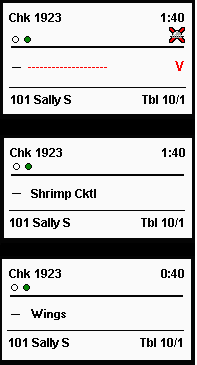 This figure shows the void chit with an unnamed item, a new chit for the added menu item, and the previously fired suborder unchanged. This figure shows the void chit with an unnamed item, a new chit for the added menu item, and the previously fired suborder unchanged.