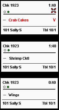 This figure shows the void chit with a named item, a new chit for the added menu item, and the previously fired suborder unchanged. This figure shows the void chit with a named item, a new chit for the added menu item, and the previously fired suborder unchanged.