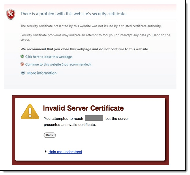 This figure shows an example of an invalid server certificate. This figure shows an example of an invalid server certificate.