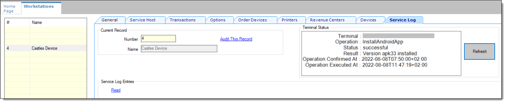 This figure shows the Workstations module Service Log tab and its contents. This figure shows the Workstations module Service Log tab and its contents.
