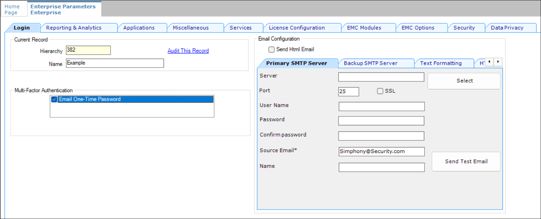 This figure shows the EMC Enterprise Parameters Login tab and the SMTP Email server configuration sections. This figure shows the EMC Enterprise Parameters Login tab and the SMTP Email server configuration sections.