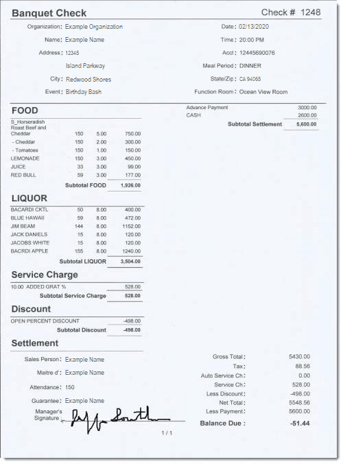 This figure shows an example of a printed banquet guest check as formatted on 8.5 x 11 printer paper.