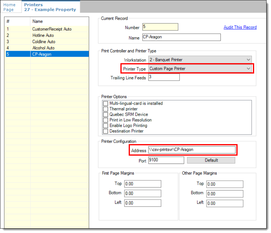 This figure shows the network printer setup in the Simphony EMC Printers module. This figure shows the network printer setup in the Simphony EMC Printers module.