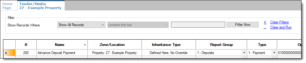 This figure shows a Tender/Media Payment type record used for collecting advance deposit payments for banquets. This figure shows a Tender/Media Payment type record used for collecting advance deposit payments for banquets.