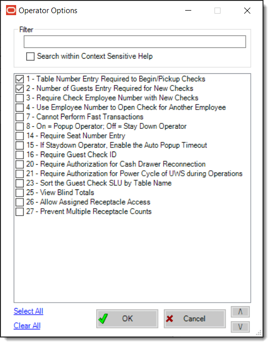 This figure shows the Employee Classes Operations Options required for users to assign banquet checks to room names from the POS workstation. This figure shows the Employee Classes Operations Options required for users to assign banquet checks to room names from the POS workstation.