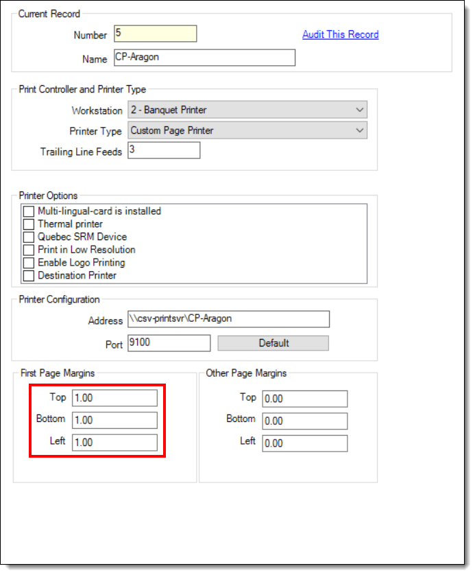 This figure shows the Banquet Check Printer record where you configure the margins for the printed banquet check page. This figure shows the Banquet Check Printer record where you configure the margins for the printed banquet check page.