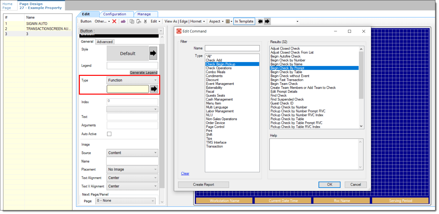 This figure shows how to assign the Begin Check By Prompt function in the Page Design module. This figure shows how to assign the Begin Check By Prompt function in the Page Design module.