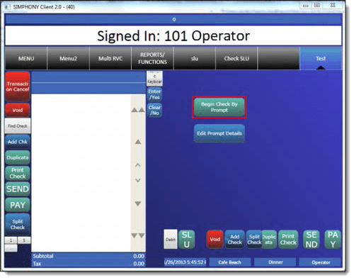 This figure shows how initiate a banquet check from the POS workstation using the Begin Check By Prompt button. This figure shows how initiate a banquet check from the POS workstation using the Begin Check By Prompt button.