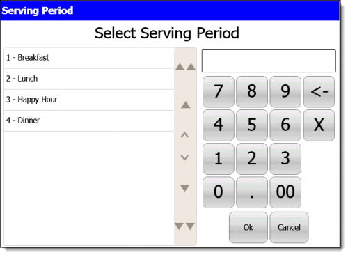 This figure shows the Select Serving Period window from the POS workstation. This figure shows the Select Serving Period window from the POS workstation.