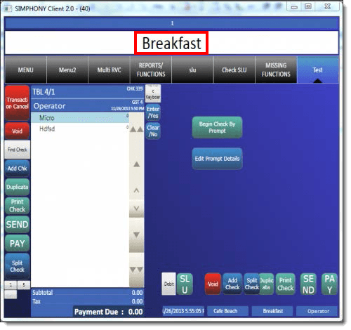 This figure shows the selected Serving Period on the POS workstation. This figure shows the selected Serving Period on the POS workstation.
