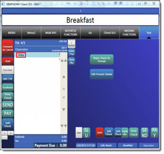This figure shows the results of editing check header content in the check detail area on the POS workstation. This figure shows the results of editing check header content in the check detail area on the POS workstation.