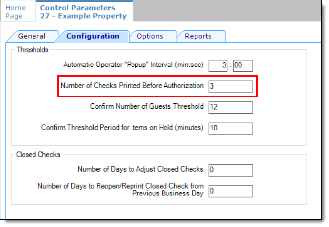 This figure shows the Control Parameters module, which includes the Number of Checks to Print Before Authorization setting. This figure shows the Control Parameters module, which includes the Number of Checks to Print Before Authorization setting.