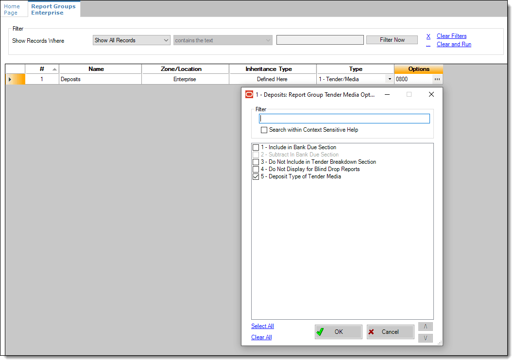 This figure shows configuring the Report Groups module and setting up a Tender/Media deposit field for printed banquet checks. This figure shows configuring the Report Groups module and setting up a Tender/Media deposit field for printed banquet checks.