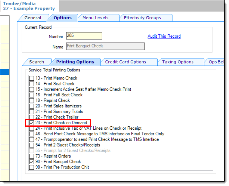 This figure shows the Tender/Media module, specifically the Print Check On Demand option. This figure shows the Tender/Media module, specifically the Print Check On Demand option.