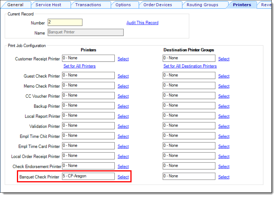 This figure shows assigning the banquet check printer in the Simphony EMC Workstations module. This figure shows assigning the banquet check printer in the Simphony EMC Workstations module.