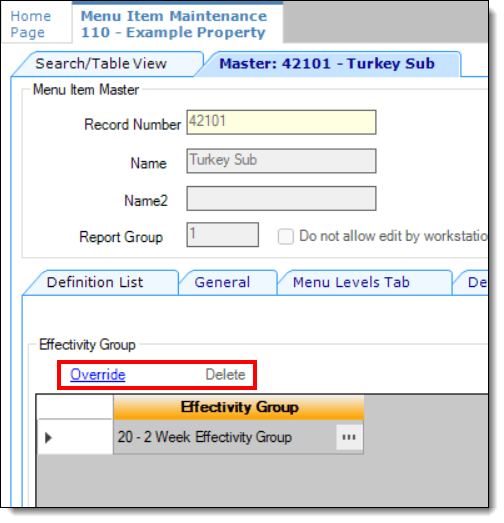 This figure shows the property level’s effectivity group section along with the Effectivity Group section’s Override and Delete links. This figure shows the property level’s effectivity group section along with the Effectivity Group section’s Override and Delete links.