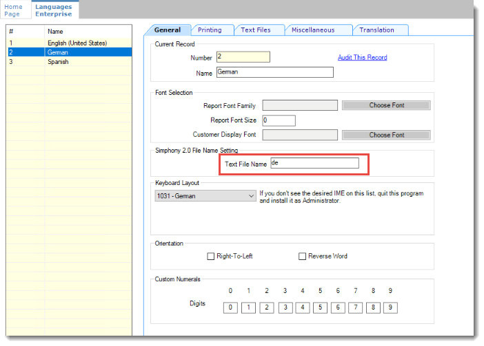 This image displays the General tab of the Languages Enterprise module in EMC, specifically the Text File Name field. This image displays the General tab of the Languages Enterprise module in EMC, specifically the Text File Name field.