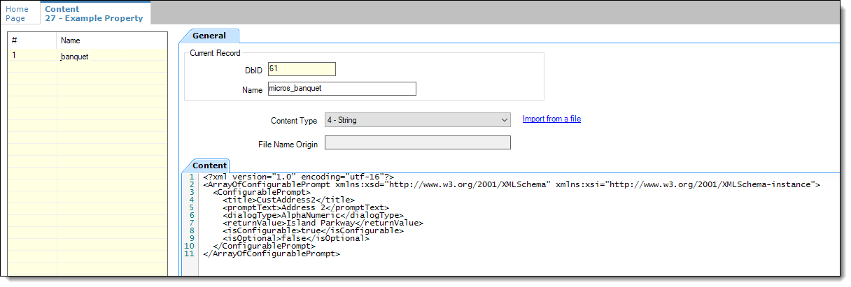 This figure shows the EMC property level Content module and the how the banquet check prompts configuration data is shown in XML format. This figure shows the EMC property level Content module and the how the banquet check prompts configuration data is shown in XML format.