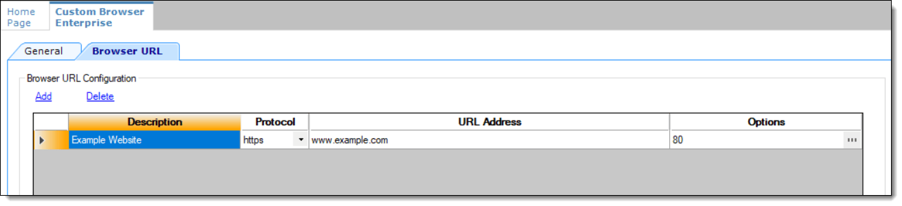 This figure shows the Custom Browser module’s browser URL configuration section. This figure shows the Custom Browser module’s browser URL configuration section.