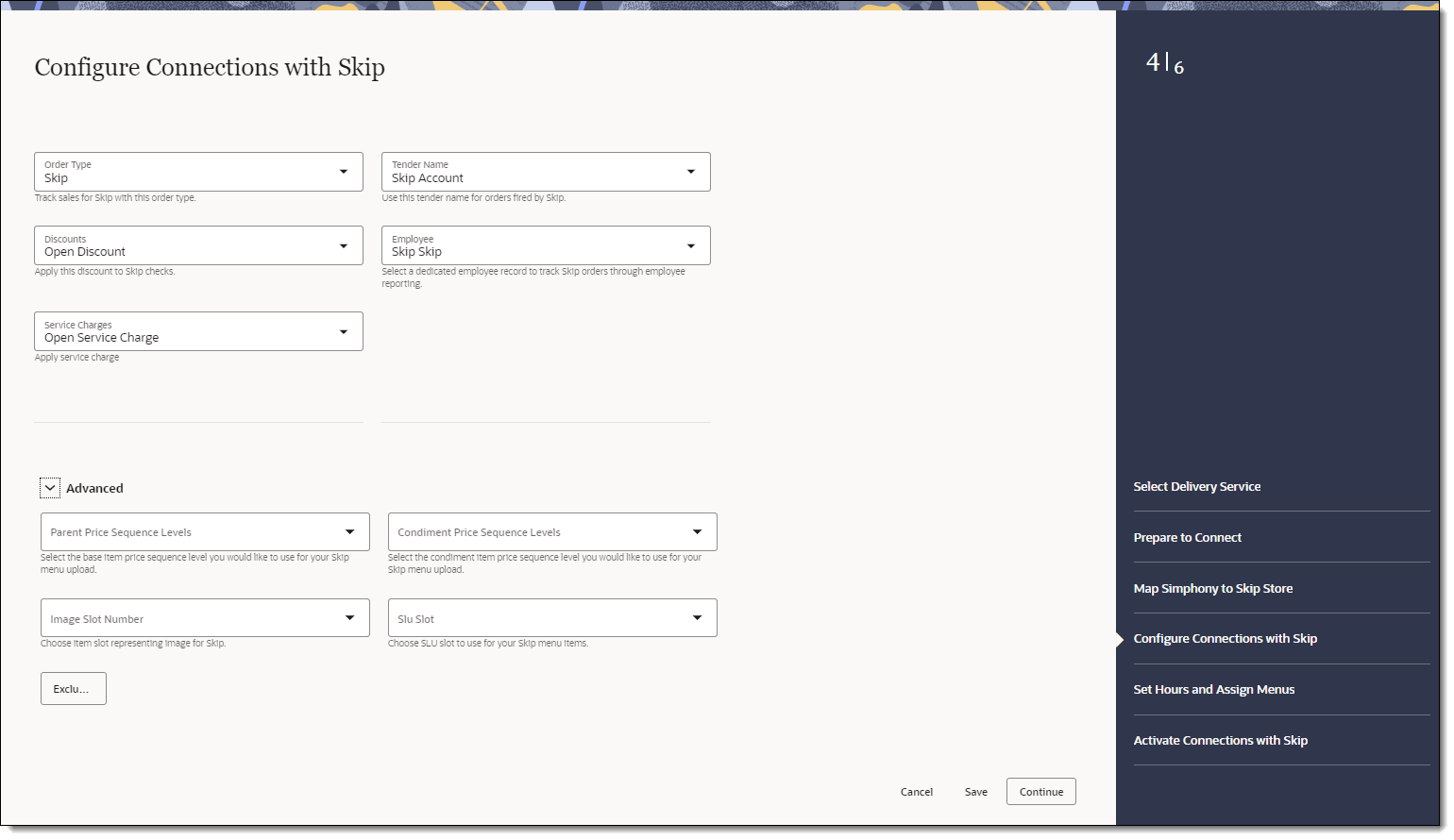 This figure shows the Configure Connections with Skip page, where you can select the order type, tender, discounts, employee, and advanced menu options.. This figure shows the Configure Connections with Skip page, where you can select the order type, tender, discounts, employee, and advanced menu options..