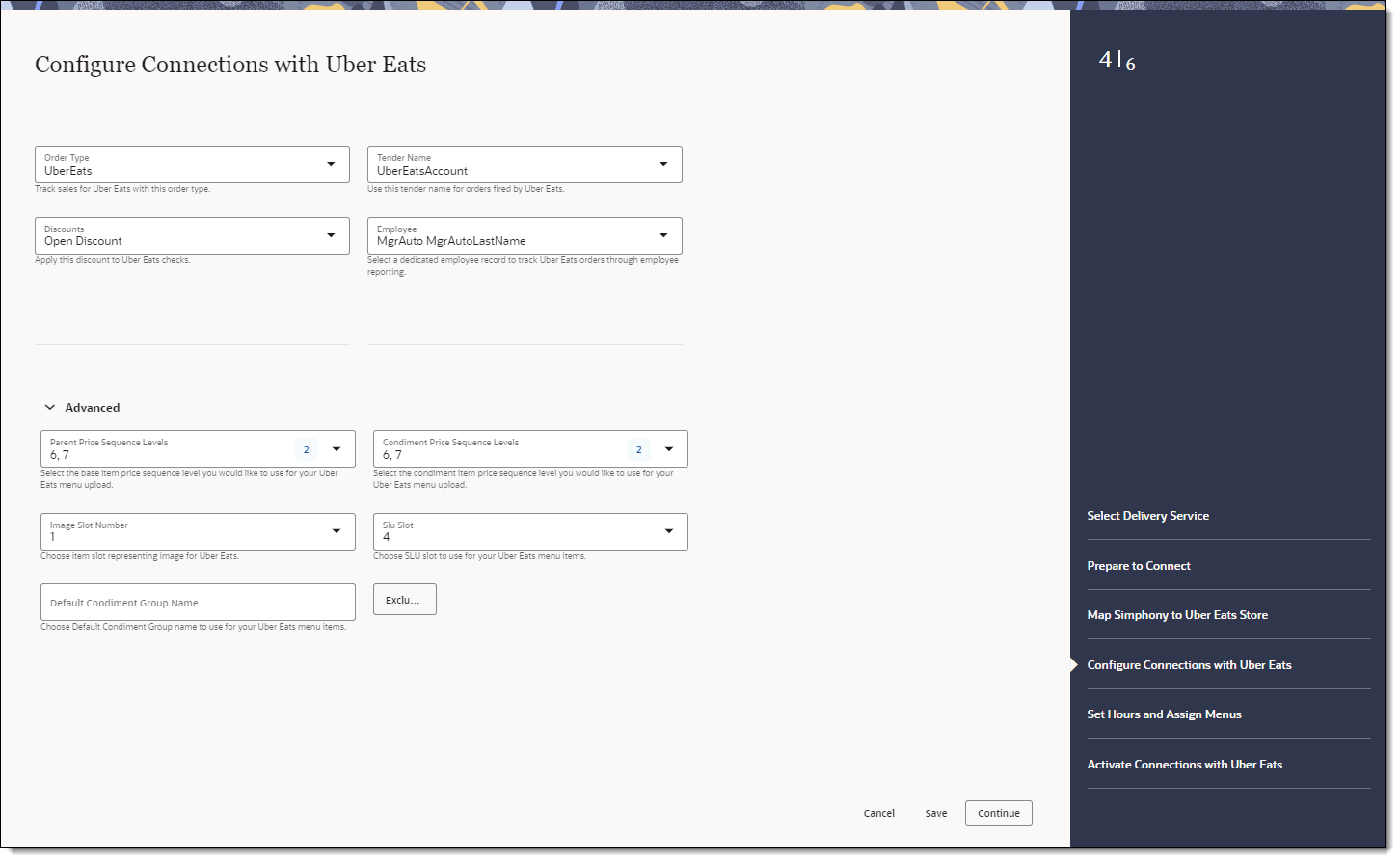 This figure shows the Configure Connections with Uber Eats page, where you can select the order type, tender, discounts, employee, and advanced menu options.. This figure shows the Configure Connections with Uber Eats page, where you can select the order type, tender, discounts, employee, and advanced menu options..