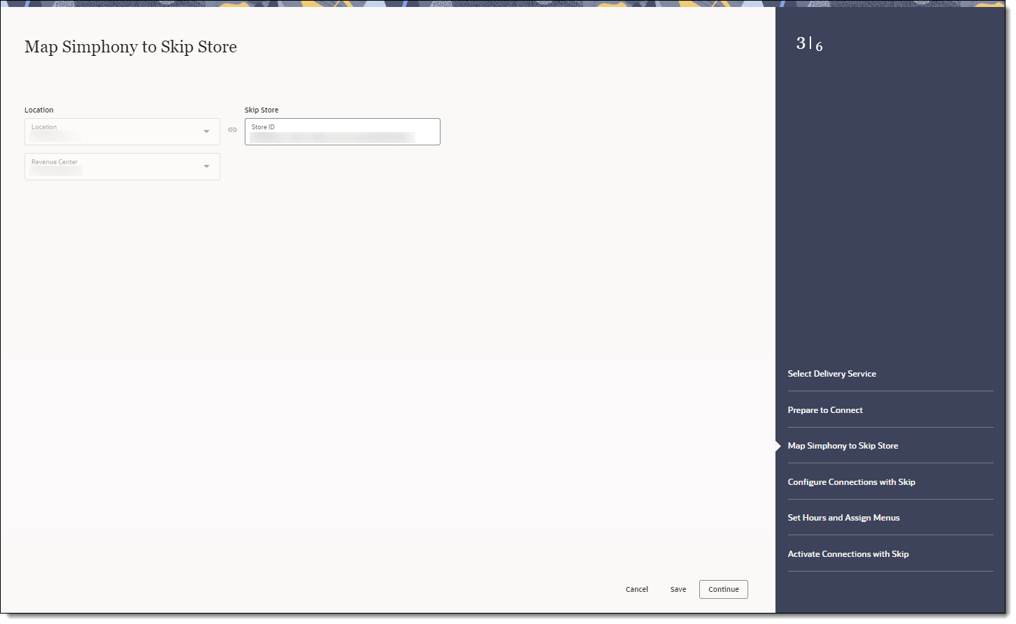This figure shows the Map Simphony to Skip Store page, where you can select the location, revenue center, and corresponding Skip store. This figure shows the Map Simphony to Skip Store page, where you can select the location, revenue center, and corresponding Skip store.
