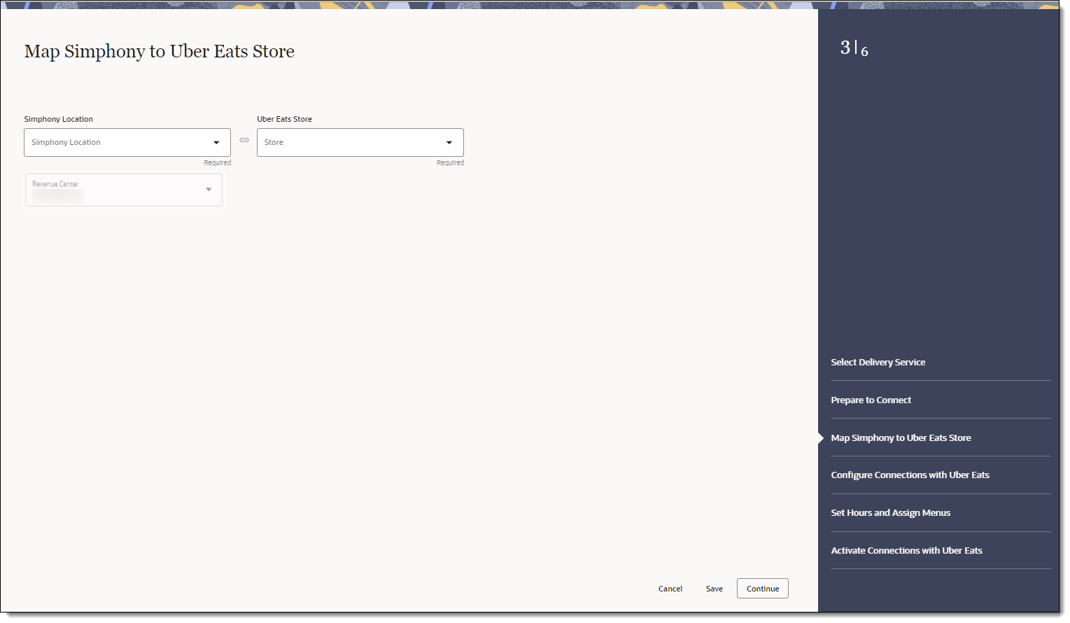 This figure shows the Map Simphony to Uber Eats Store page, where you can select the Simphony location, revenue center, and corresponding Uber Eats store. This figure shows the Map Simphony to Uber Eats Store page, where you can select the Simphony location, revenue center, and corresponding Uber Eats store.