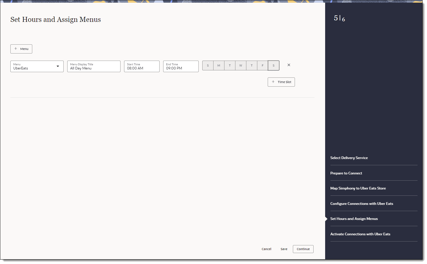 This figure shows the Set Hours and Assign Menus page, where you can set the delivery and pickup menus, and hours of operation for each menu or serving period.. This figure shows the Set Hours and Assign Menus page, where you can set the delivery and pickup menus, and hours of operation for each menu or serving period..