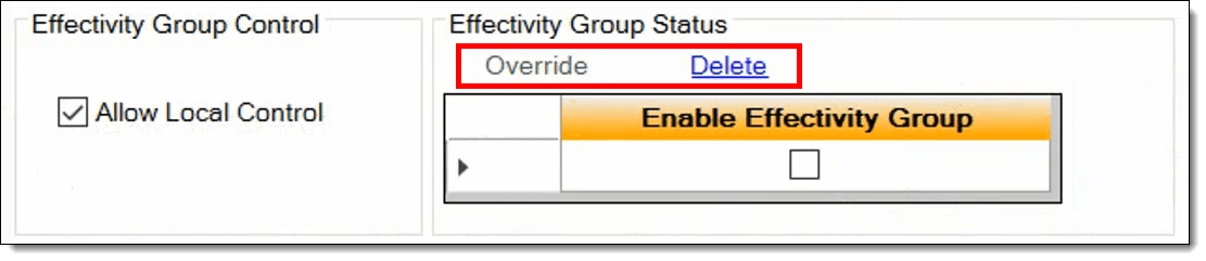 This figure shows the Effectivity Group Status override and delete links. This figure shows the Effectivity Group Status override and delete links.