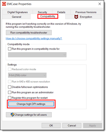 This figure shows the EMC.exe Properties window. This figure shows the EMC.exe Properties window.