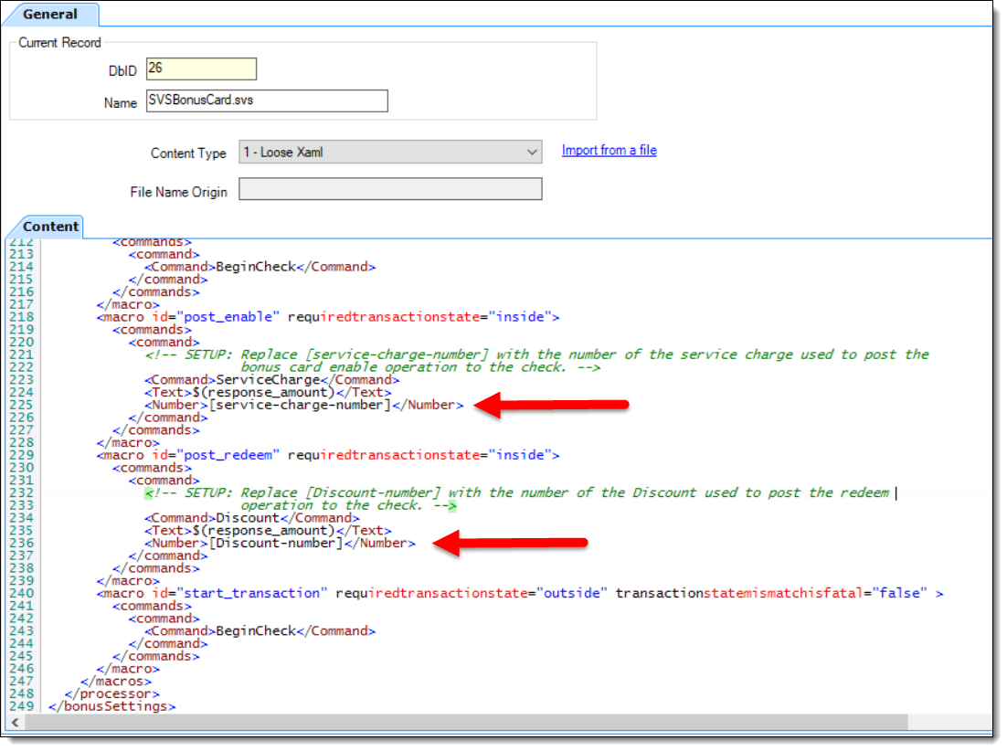 This figure shows the EMC Content module and the required SVSBonusCard.svs service charge and discount configuration fields. This figure shows the EMC Content module and the required SVSBonusCard.svs service charge and discount configuration fields.
