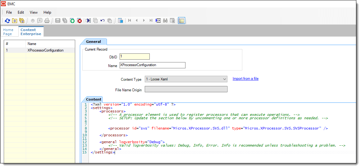 This figure shows the EMC Content module and the imported XProcessor configuration *.XML. This figure shows the EMC Content module and the imported XProcessor configuration *.XML.