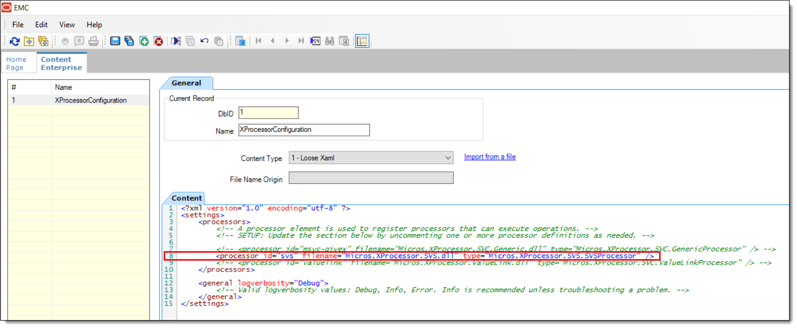 This figure shows the EMC Content module and the imported XProcessor configuration *.XML. This figure shows the EMC Content module and the imported XProcessor configuration *.XML.