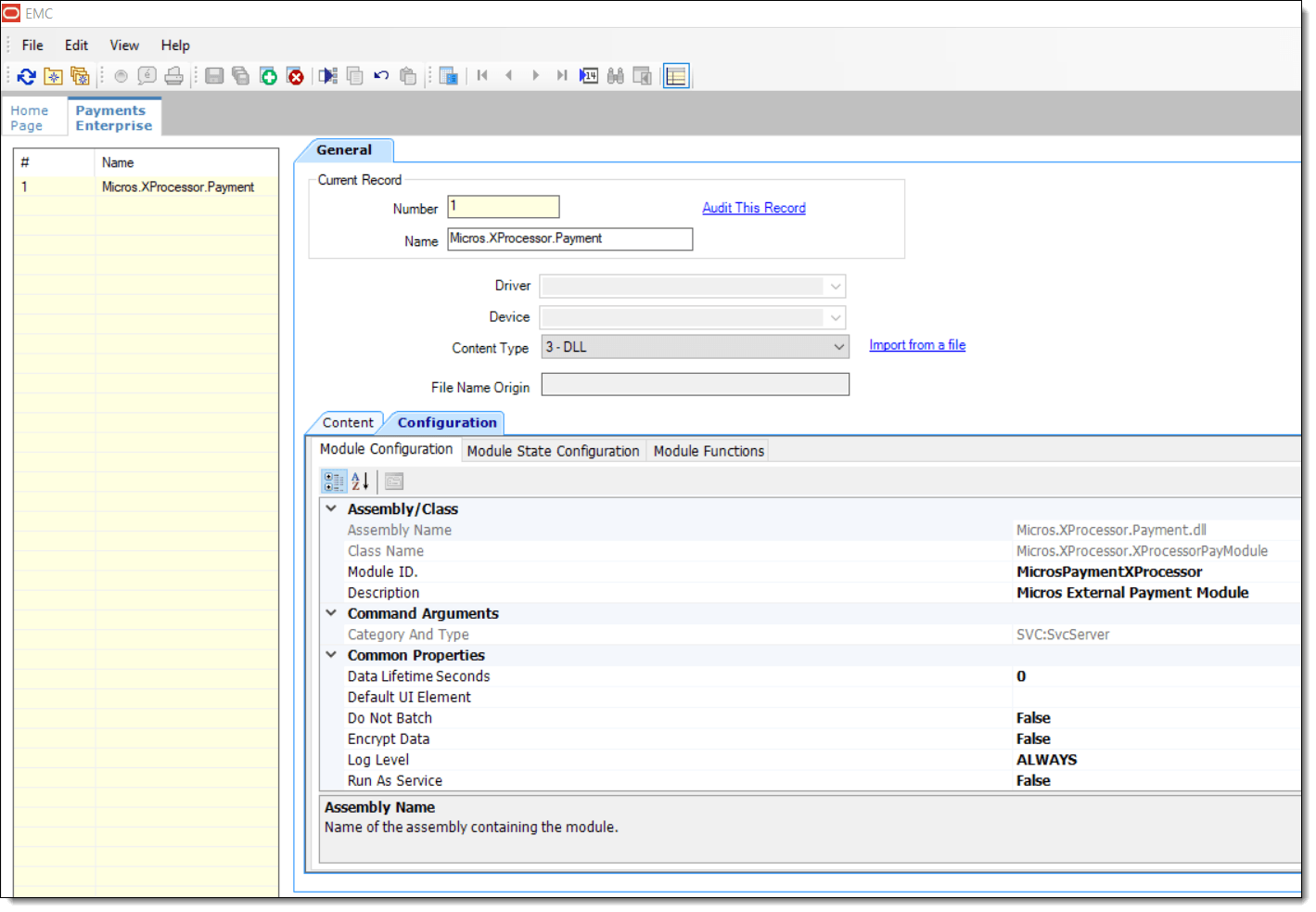 This figure shows the Simphony EMC Payments module setup for the Payments .DLL file. This figure shows the Simphony EMC Payments module setup for the Payments .DLL file.