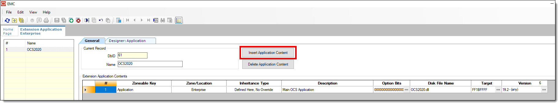 This figure shows the EMC’s Extension Application module with the Insert Application Content button outlined in red. This figure shows the EMC’s Extension Application module with the Insert Application Content button outlined in red.